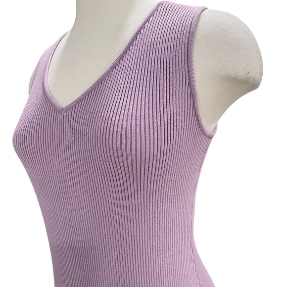 Gstq Lavender Ribbed Midi Dress V Neck Bodycon Knit Sleeveless Stretch NWT M - Picture 10 of 12